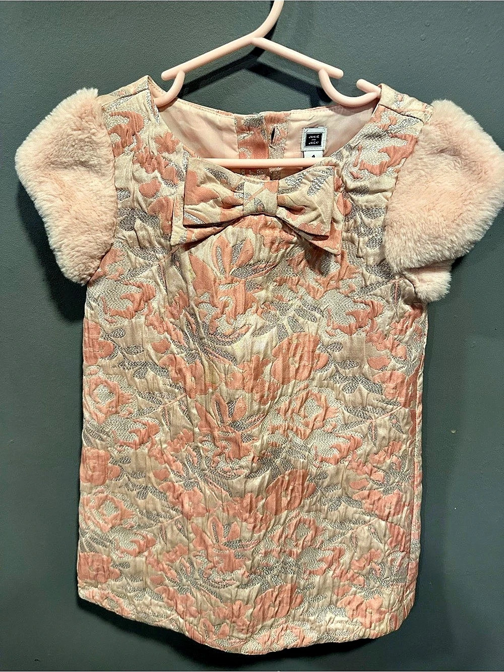 Janie and Jack Pink & Silver Faux Fur Cap Sleeve Brocade Dress